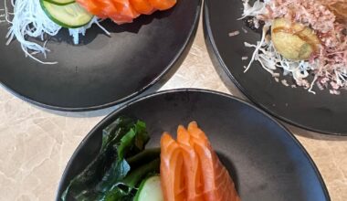 Salmon sashimi, takoyaki & spicy salmon head nabe