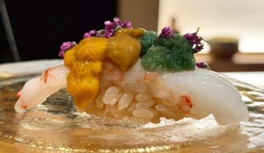 Botan ebi topped with uni & ebiko