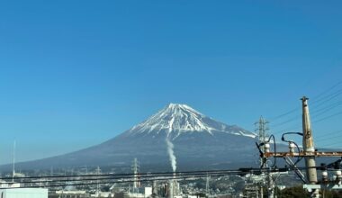 The majestic Mount Fuji on a clear winter day. Captured from the window of the Shinkansen.