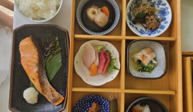 Traditional Japanese breakfast fish with lots of sides