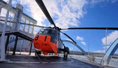 A helicopter on the deck of the museum ship Fuji at Nagoya Port.