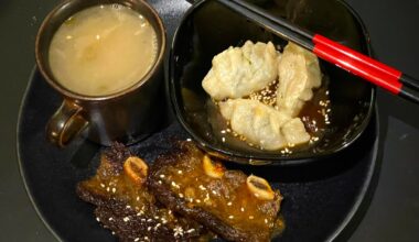 Umami sipping broth, veggie dumplings on a gyoza sauce, and braised short ribs. All from scratch!