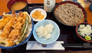 Tendon (tempura rice bowl) with zaru soba, plus grated daikon on the side.
