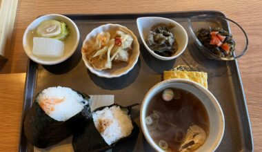 Japanese Breakfast, Two onigiri rice balls, miso soup, tamagoyaki, simmered vegetables and pickled vegetables
