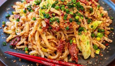 Homemade stir-fried udon with corned beef