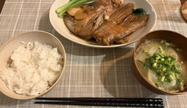 Simmered Sea Bream Head (Arataki) made by my husband. The perfect Japanese traditional dinner to end the day. 🐟🥢✨