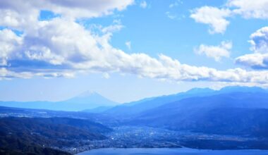 長野県高ボッチからの富士山と諏訪湖