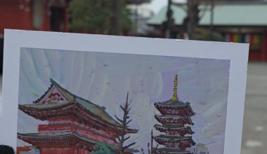 Did a painting of Senso-ji Temple where it was snowing.