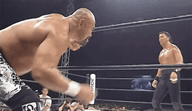 Keiji Mutoh eats a savage Yakuza Kick from Masahiro Chono!
