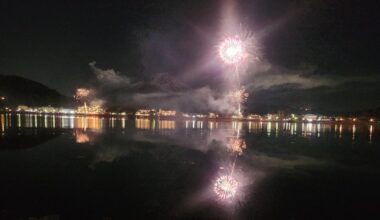 Fireworks with Mt. Fuji in the background.