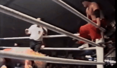 Tenzan hits his signature Mongolian Chop while on excursion to Europe in 1993