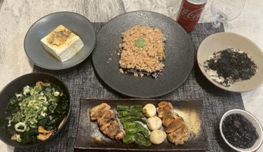 [Homemade] Japanese dinner with soboro rice, grilled chicken and miso soup
