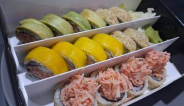 some sushi delivery, it was honestly better than i expected.