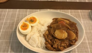Husband's Japanese Curry for dinner! 🍛 I promised to use fewer emojis today so I don't look like a robot lol. Look at those perfectly boiled eggs! He really knows how to cheer me up.