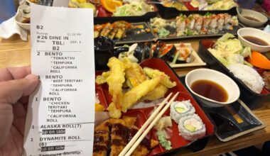 $7.95 dynamite and alaska roll. $6.95 salmon Kama. $10.95 bento lunch box at sushi town San Jose California. It’s quite a good meal for lunch