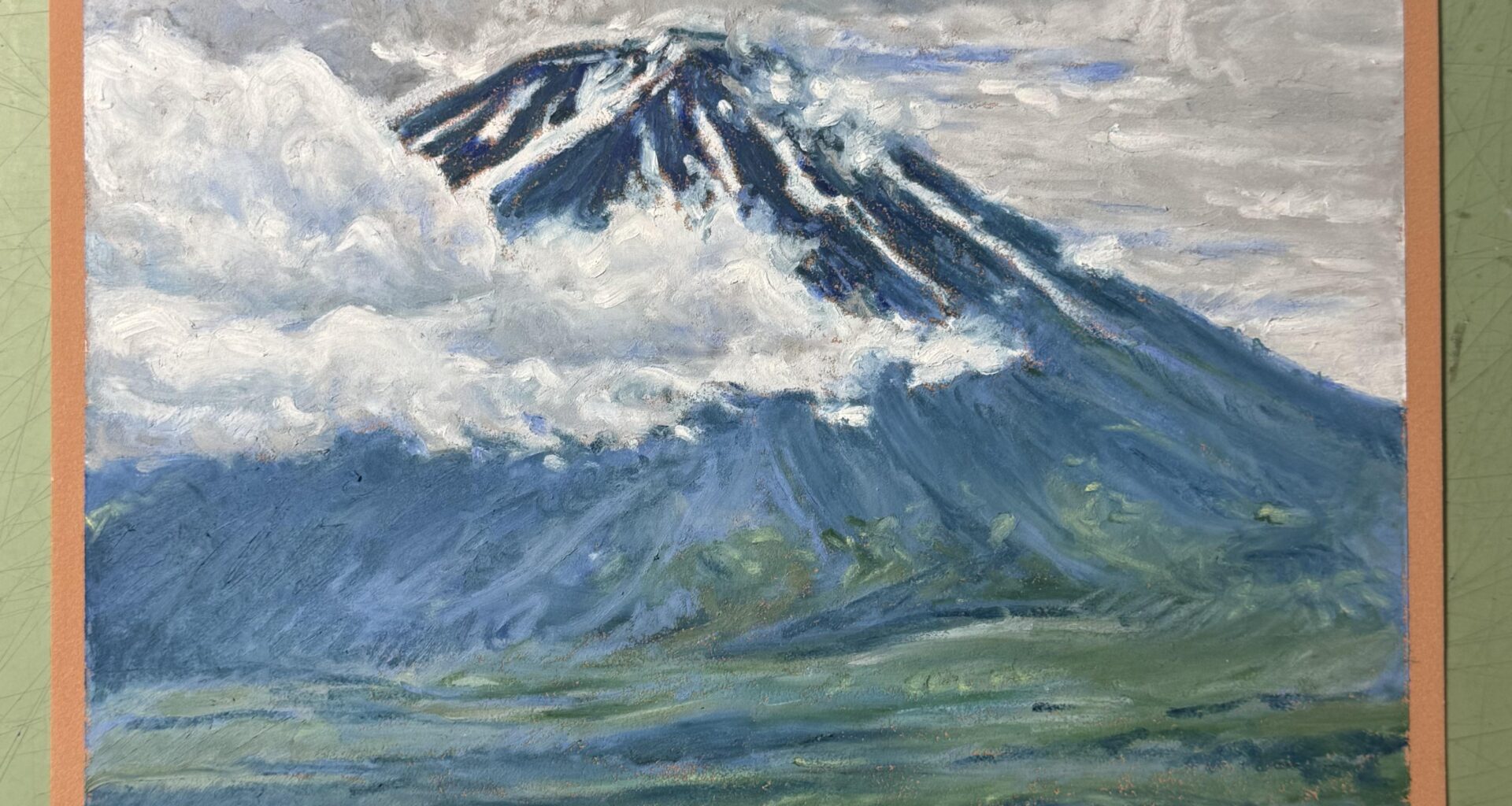 My oil pastel drawing of Mt. Fuji and Lake Kawaguchi