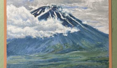 My oil pastel drawing of Mt. Fuji and Lake Kawaguchi