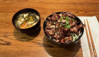 Homemade charcoal grilled butadon with miso soup