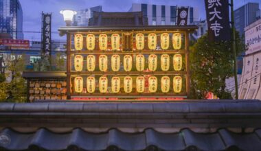Lanterns and Ema Overlooking a Passing Train in Ueno, Tokyo
