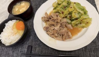 Simple Japanese home dinner with tamago kake gohan