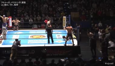 Futuro goes a dive, but runs into a hip attack by Mister Khamen, I mean, Ryusuke Taguchi.