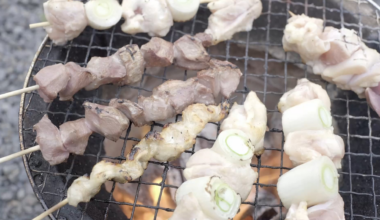 Homemade Yakitori grilled over binchotan charcoal in Japan. (Sumibi-yaki)