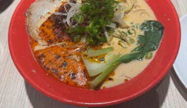 Spicy red tonkotsu at Konjiki Ramen Yorkdale in Toronto