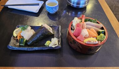Chirashi, negi toro temaki, and scallop sashimi