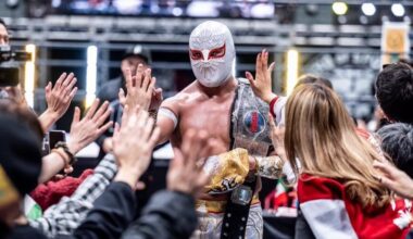 Cool picture of Mistico with a white mask with red eyes to represent the Japanese flag at the first show of Fantastica Mania