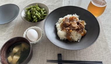 Homemade gyudon set (beef bowl, miso soup, egg, edamame)