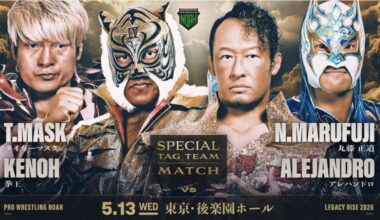Tiger Mask IV & Kenoh vs. Naomichi Marufuji & Alejandro announced for NOAH’s 5.13 show at Korakuen, as part of TM’s Retirement Road