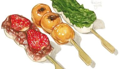 My first food illustration painted in 2021! I ate some unusual dango recently at Oiwake Dango in Shinjuku (Strawberry Beanpaste, Mitarashi, and Matcha White Beanpaste). I’m a fan of Daifuku, so the strawberry one was my favorite! (IG: @kailenefalls)