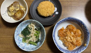 Japanese home spring dinner with many small foods. What side dish you like?