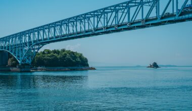 [OC] An island sits perfectly framed under the bridge arch, Kamagari, Kure, Japan