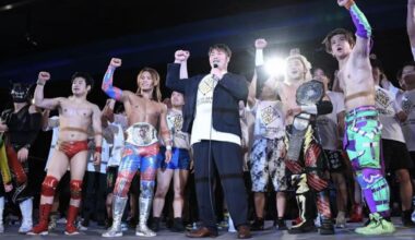 Hiroshi Tanahashi with the future of Japan at UJPW’s FACE THE NEXT show in Shinjuku FACE