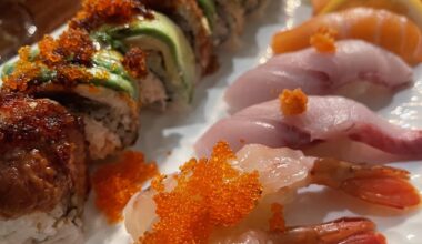 A roll and fancy cuts. Sweet shrimp.