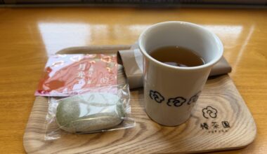 Hojicha and kusa mochi at Tsubaki Tea Garden, Mie, Japan