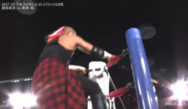 Jun Kasai climbs the top rope and puts Kosei Fujita through a table!
