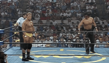The Great Muta defends the IWGP Heavyweight Championship against Paul Orndorff in their only career encounter