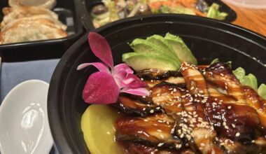 Unagi donburi, vegetable stir fry, gyoza