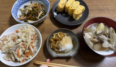 Happy happy Japanese home dinner with takikomi rice. Sweet tamagoyaki or salty?