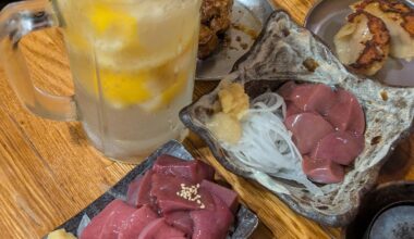 The meat sashimi and mega-sized lemon sour are great, but the real highlight is the cute sumo wrestler plate in the front! 🤣 [OC]