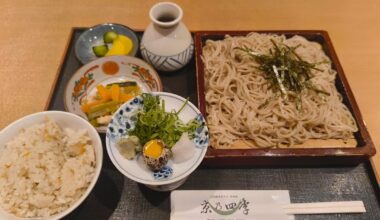 Zaru Soba, a side dish, and seasoned rice.
