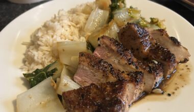 Maple-soy togarashi pork chops, bok choy with ginger and garlic, jasmine rice