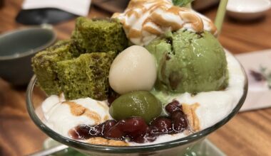 A parfait with matcha ice cream, matcha chiffon cake, mochi, red beans and loads of other stuff